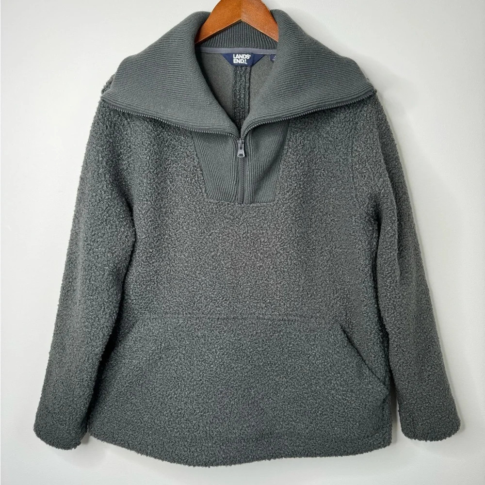 Lands’ End Gray Contrast Ribbed Exaggerated Collar Quarter Zip Teddy Pullover